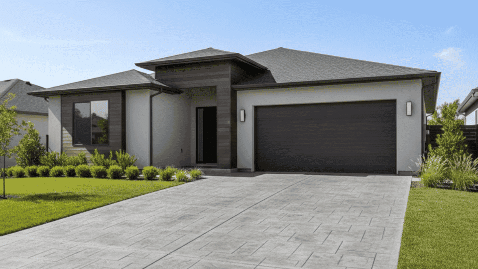 stamped concrete driveway with geometric pattern in front of modern single story home