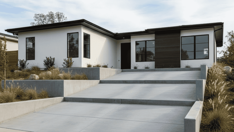 stepped modern concrete driveway for sloped lot in front of contemporary single story home