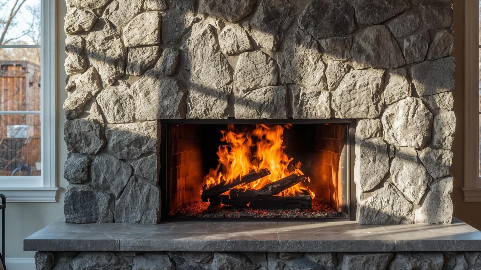 stone fireplace with burning logs inside, thick gray stone surround, modern hearth, and natural light coming through nearby window