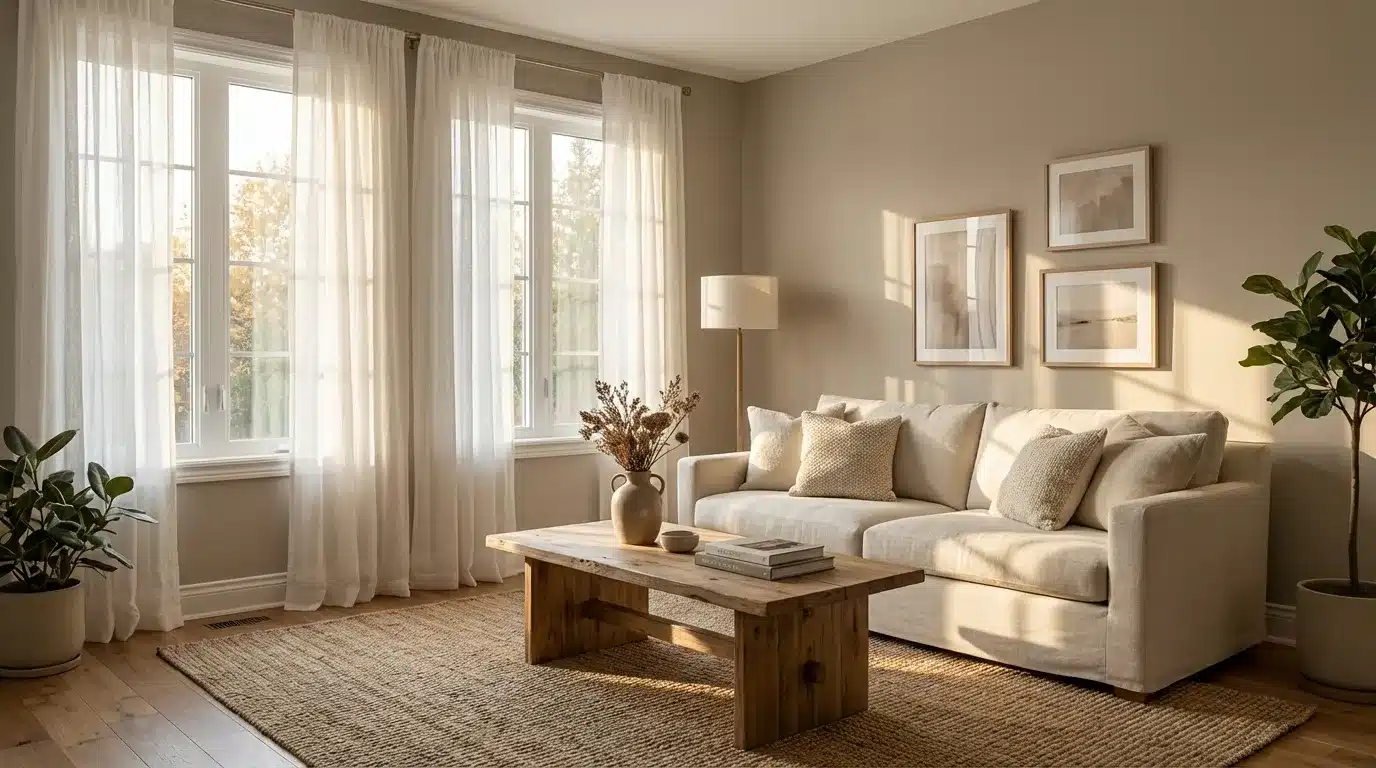sunlit living room with beige walls, cream sofa, wooden coffee table, sheer curtains, framed art, plants, and woven rug
