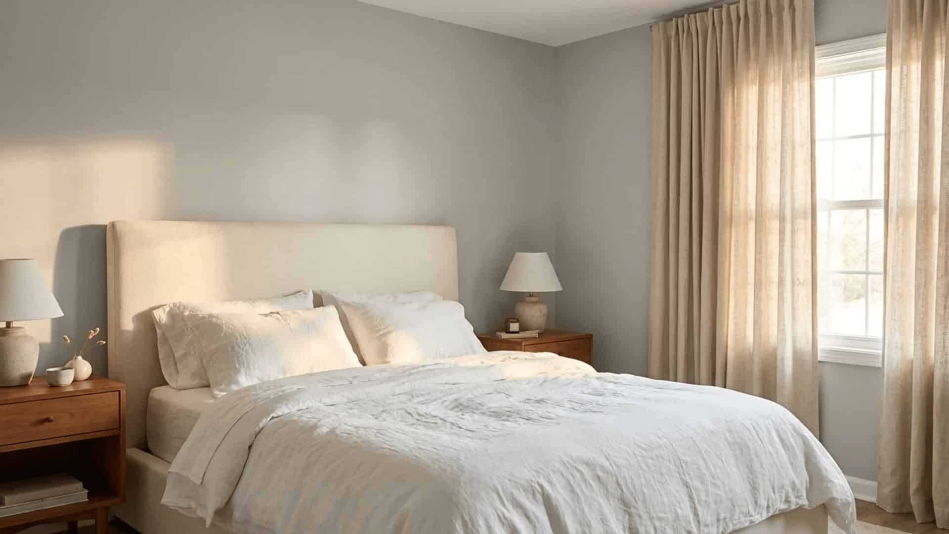 sw repose gray bedroom with cream headboard, white bedding, warm wood nightstands, and soft morning window light