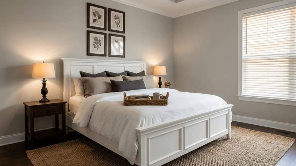 sw repose gray bedroom with white paneled bed, taupe pillows, dark wood frames, woven basket, and warm lamp light