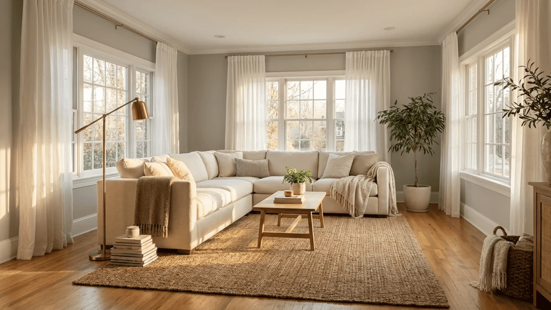 sw repose gray living room with cream sofa, honey oak floors, white trim, jute rug, and warm afternoon light
