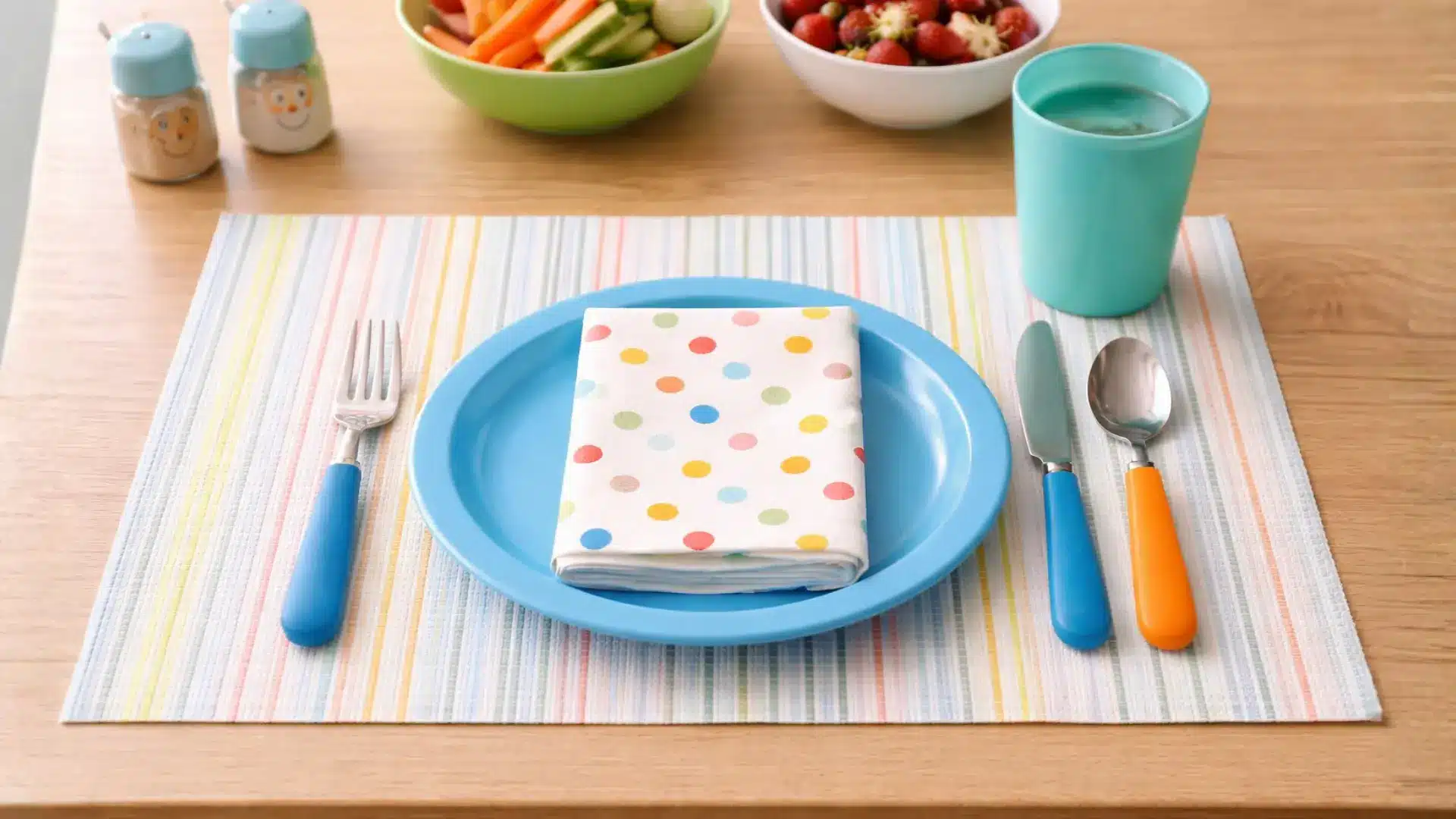table setting for kids or family meals with colorful plastic plates, a polka dot napkin, and child-friendly utensils