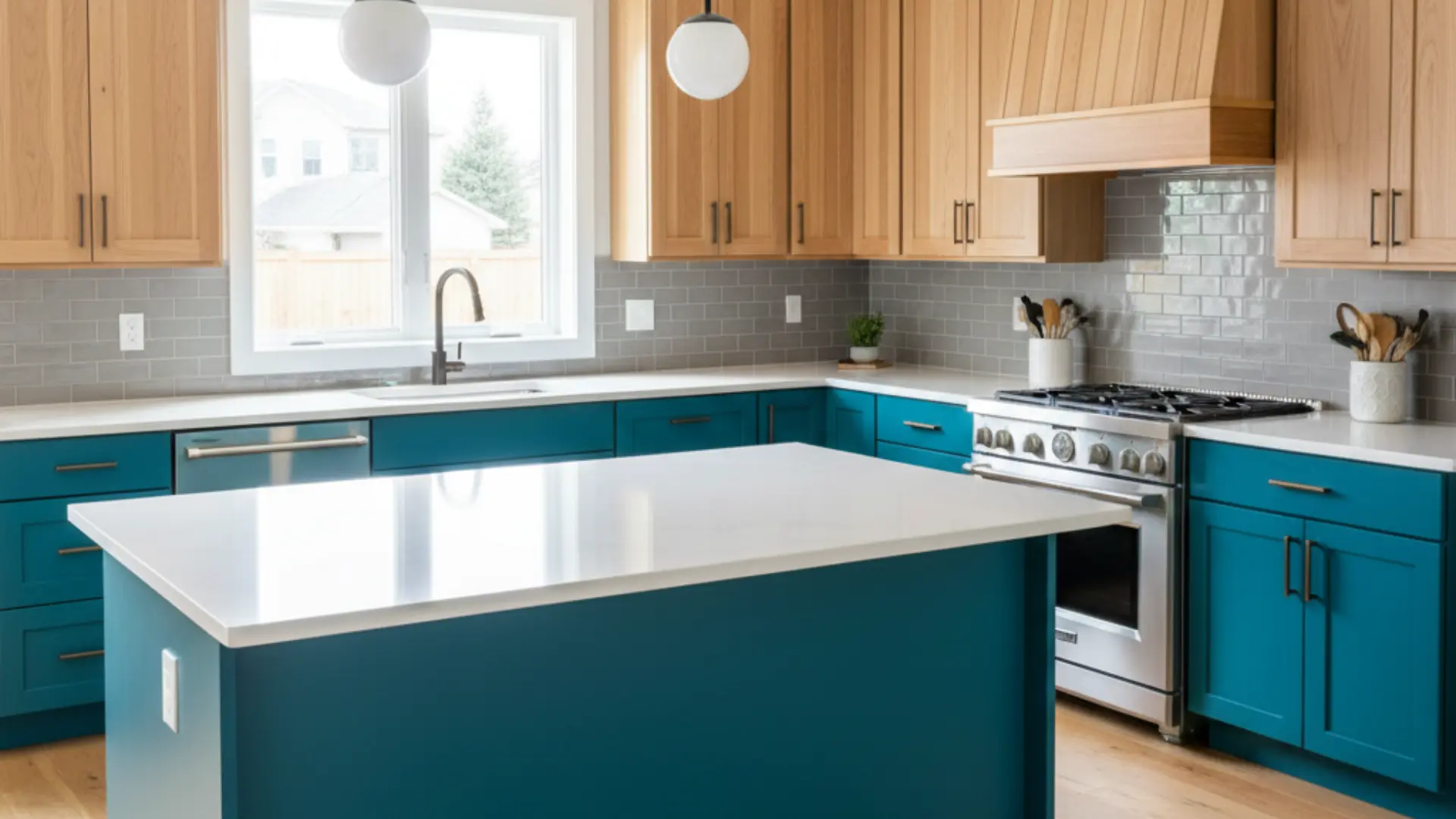 teal and light wood kitchen featuring a large teal island, white quartz, grey backsplash, and globe pendants