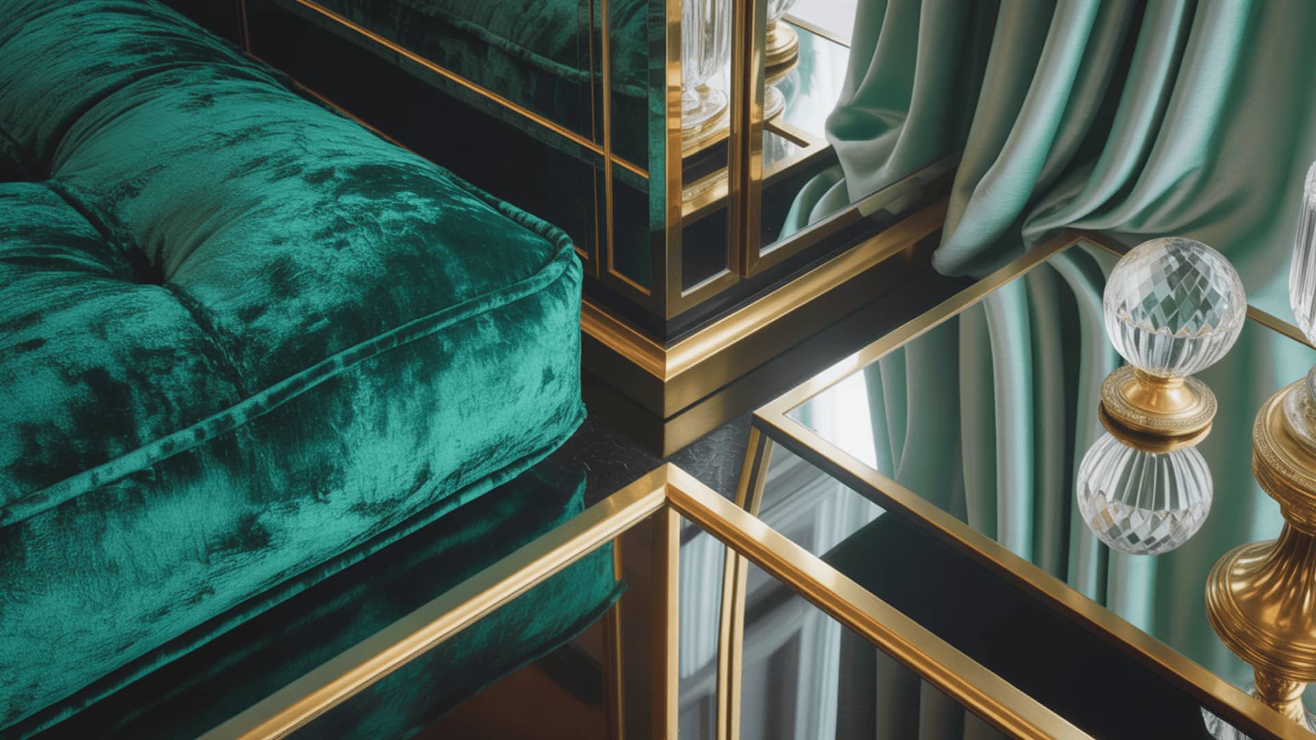 teal velvet ottoman, mirrored panels with brass trim, silk drapes, and crystal finials showing luxury materials