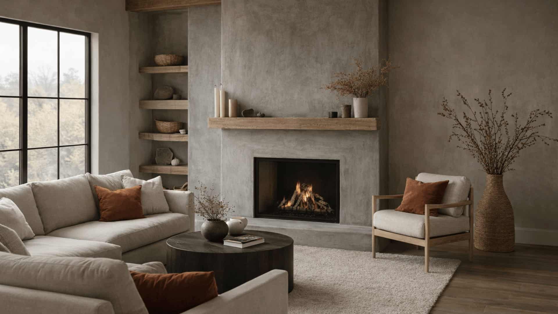 textured gray plaster fireplace with wood mantel and neutral seating in modern living room