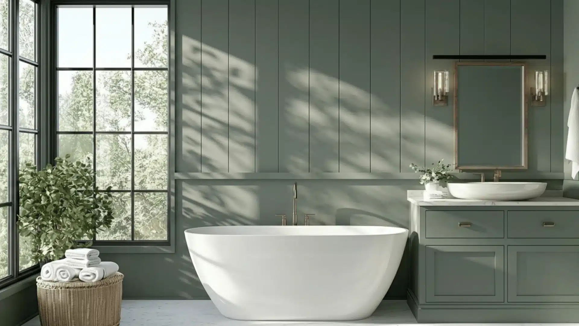 the color on the wall should be is a deep, muted, and serene green-gray paint color with neutral-cool undertones