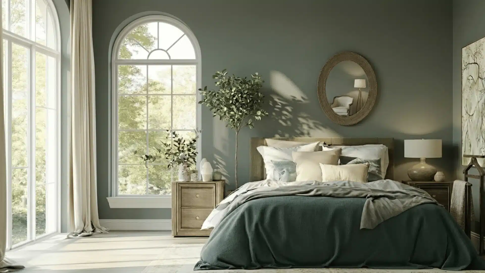 the color on the wall should be is a deep, muted, and serene green-gray paint color with neutral-cool undertones