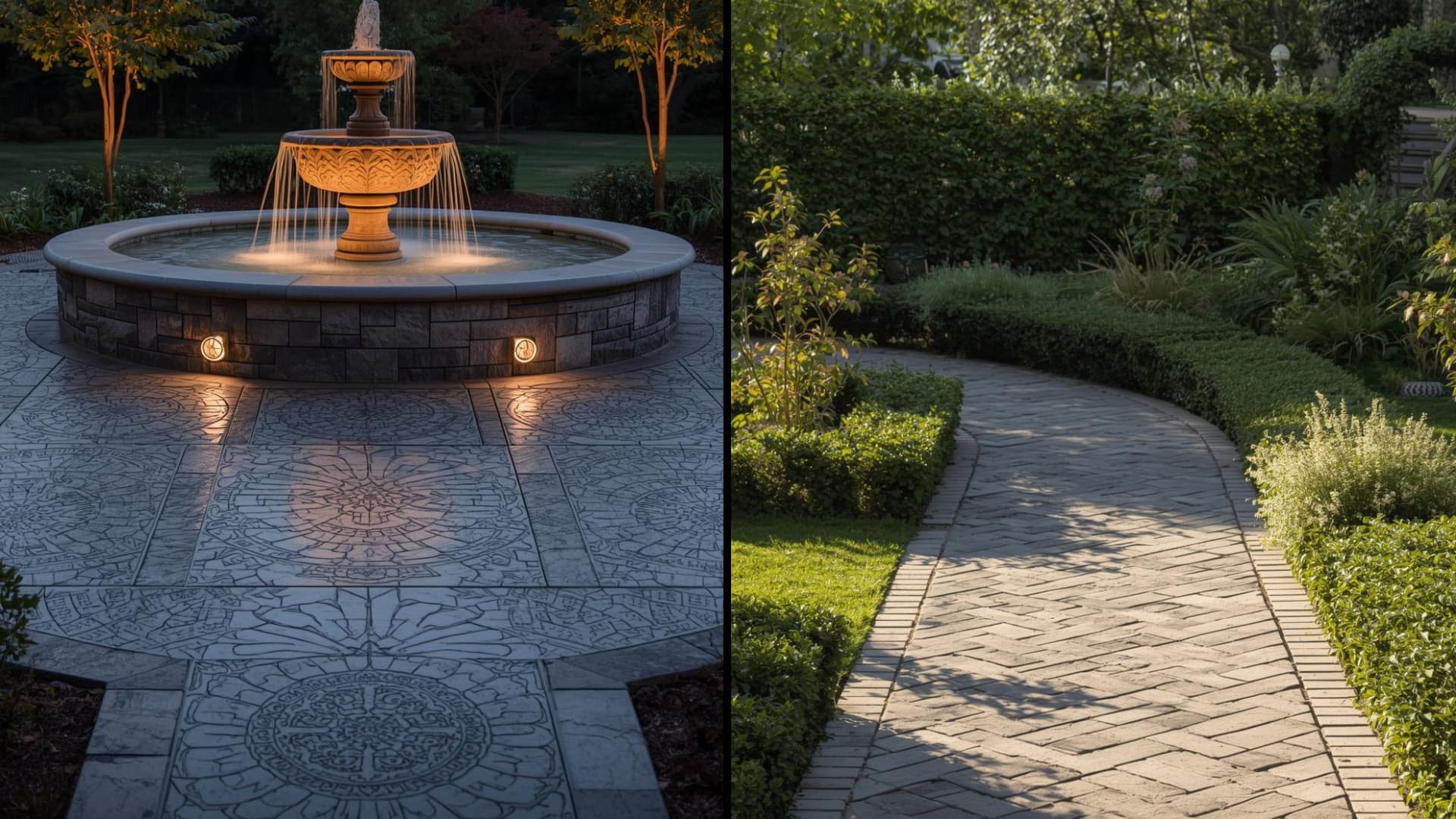 tiered stone fountain illuminates a patterned courtyard at night, beside a sunlit herringbone brick garden path during the day
