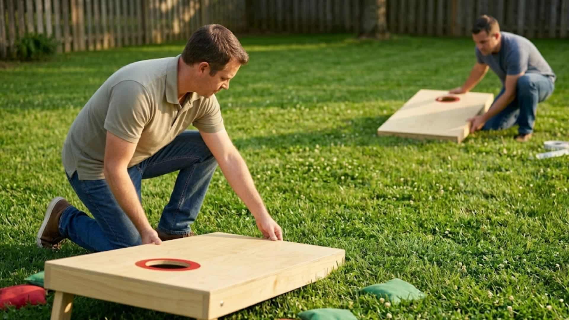 two men in a grassy backyard adjust the folding legs of cornhole boards to ensure a stable, regulation 12-inch incline