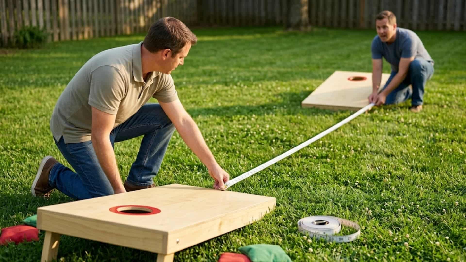two men kneeling in a grassy backyard, measuring the distance between two wooden cornhole boards using a tape measure