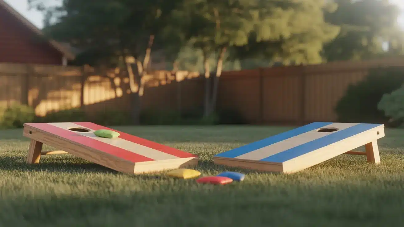 two striped cornhole boards on backyard grass with colorful bean bags during sunny outdoor gathering