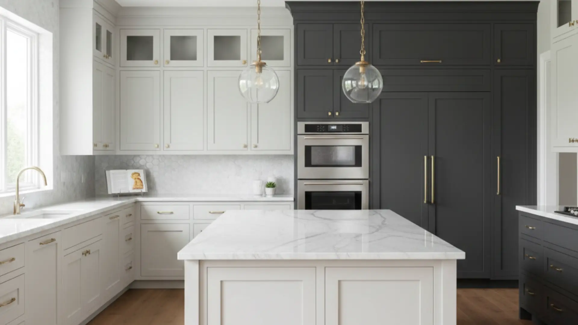 two-tone kitchen with charcoal and white cabinetry, marble countertops, and a large white center island