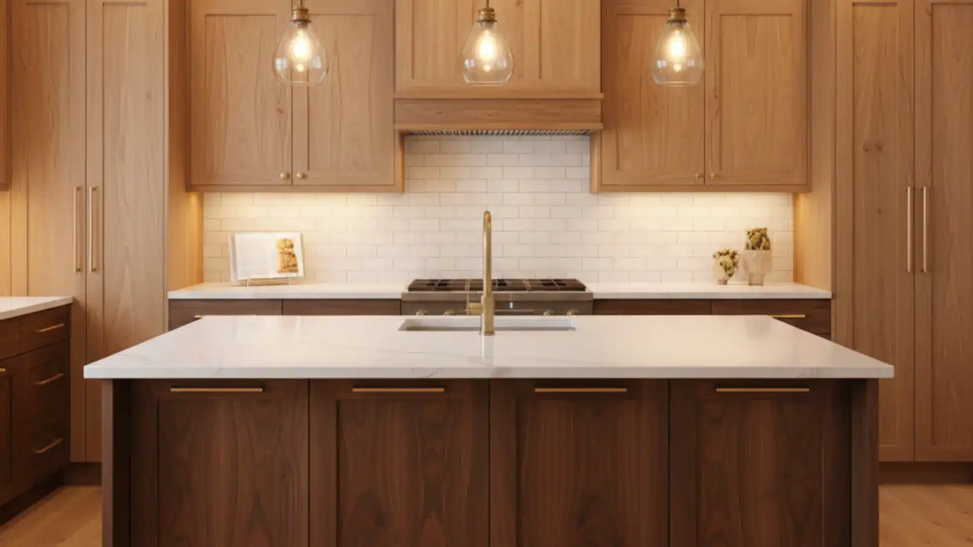 two toned wood kitchen featuring light oak and dark walnut cabinetry, a large center island, and elegant gold hardware