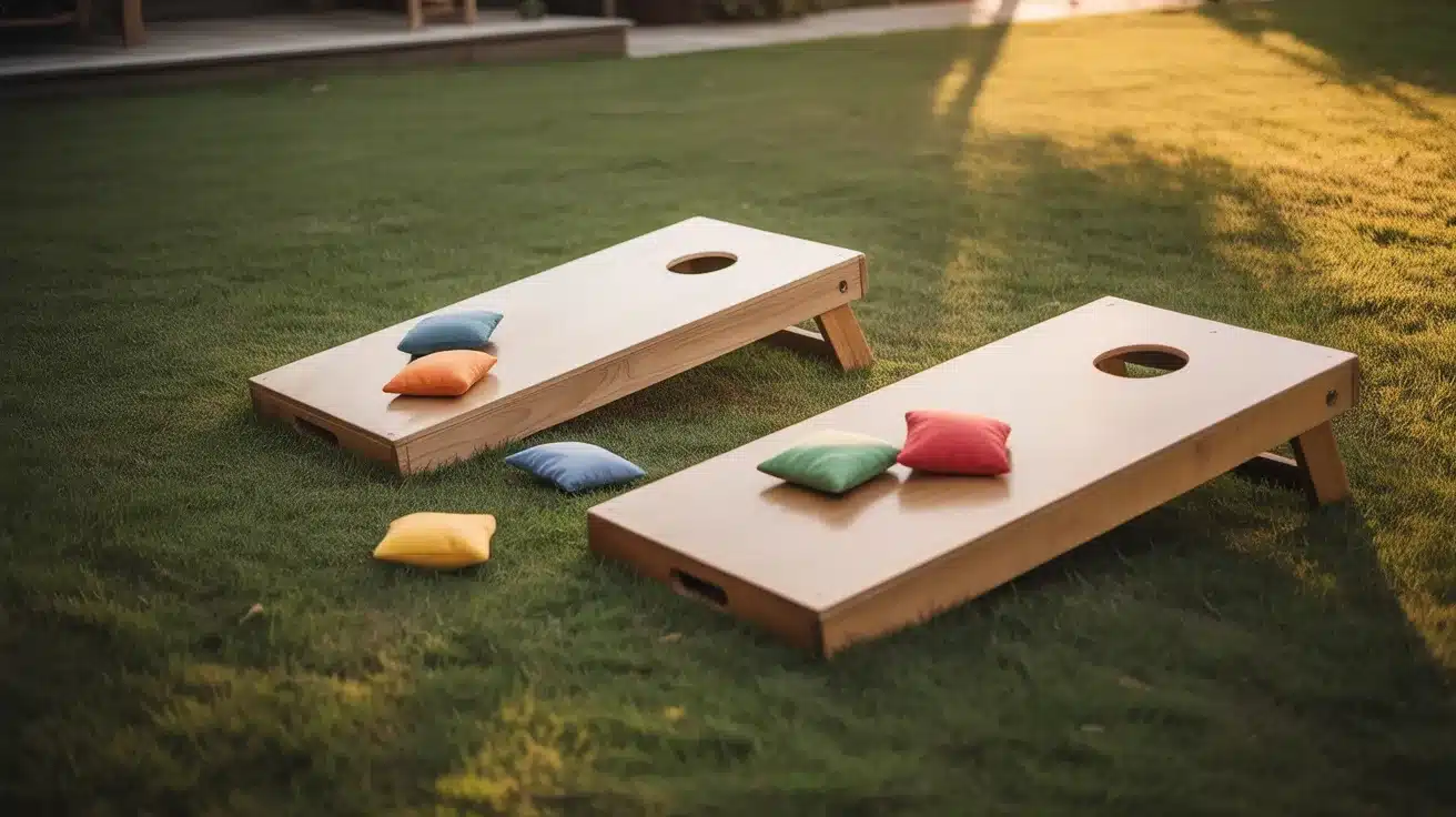 two wooden cornhole boards on grass with colorful bean bags scattered around during outdoor backyard game setup