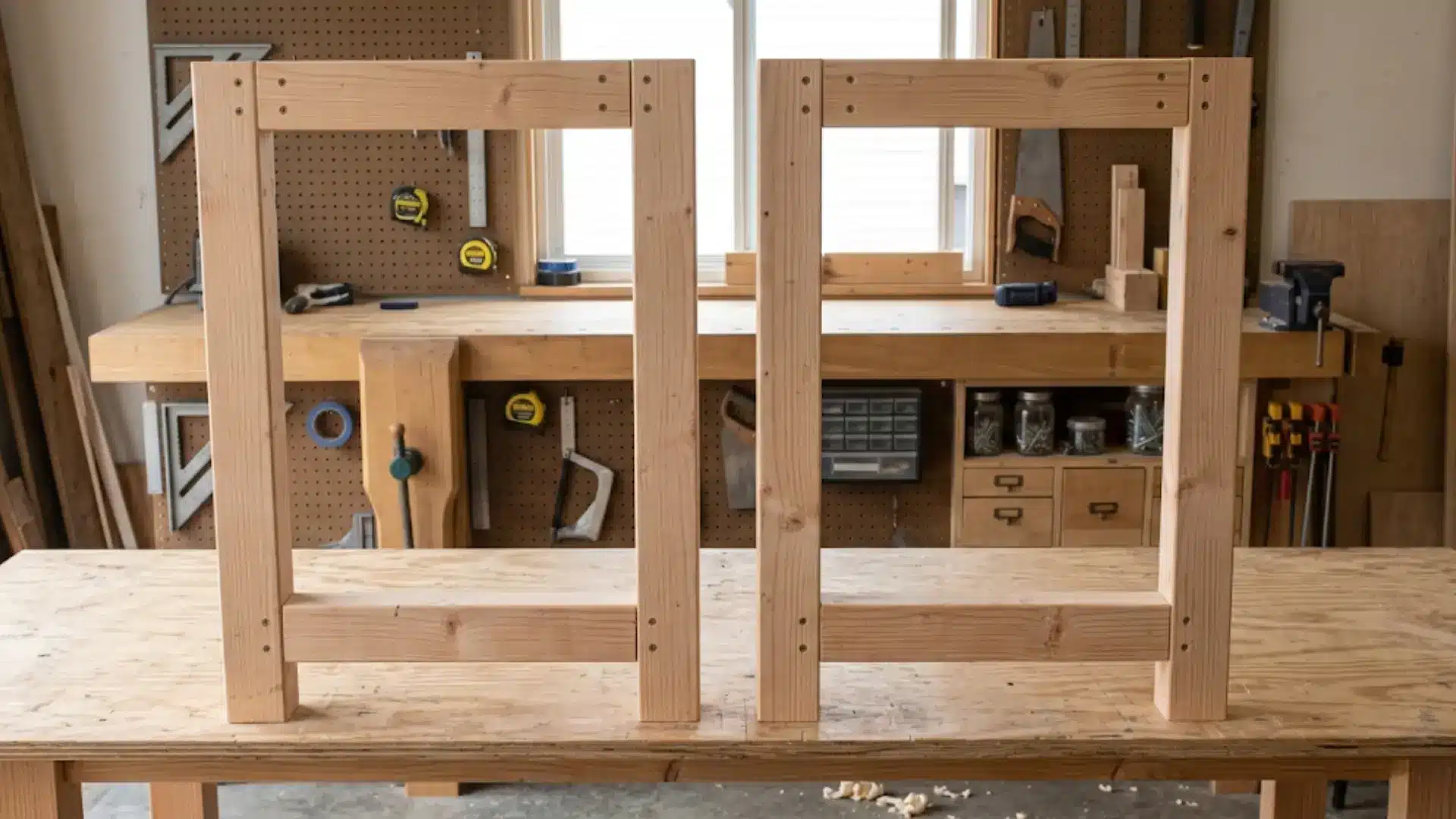 two wooden rectangular structures stand on a workbench as you build the base frame for a new furniture project