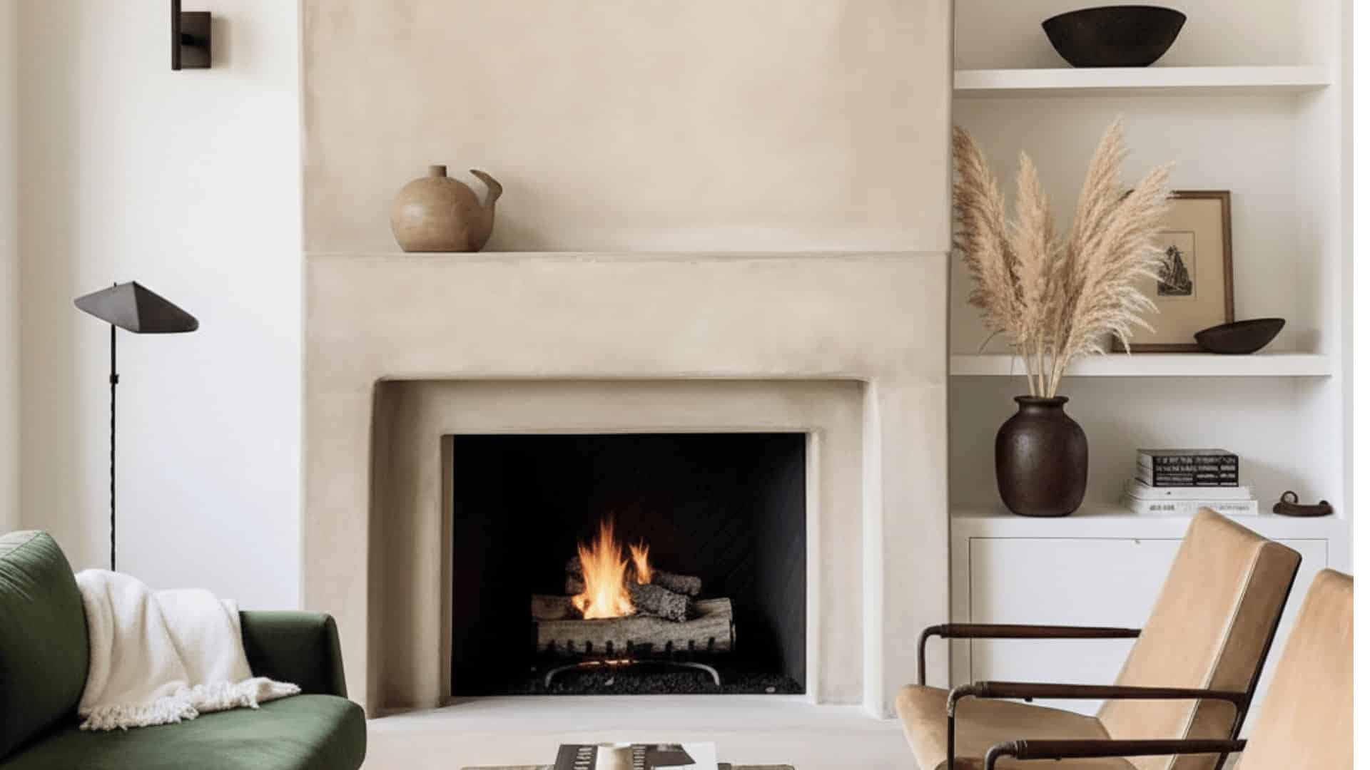 ultra minimalist living room with a smooth white plaster fireplace, light oak floors, and a soft beige sofa