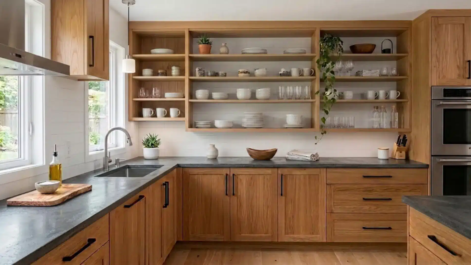 update the countertops on your oak kitchen cabinets to a dark slate finish for a modern and stylish kitchen refresh