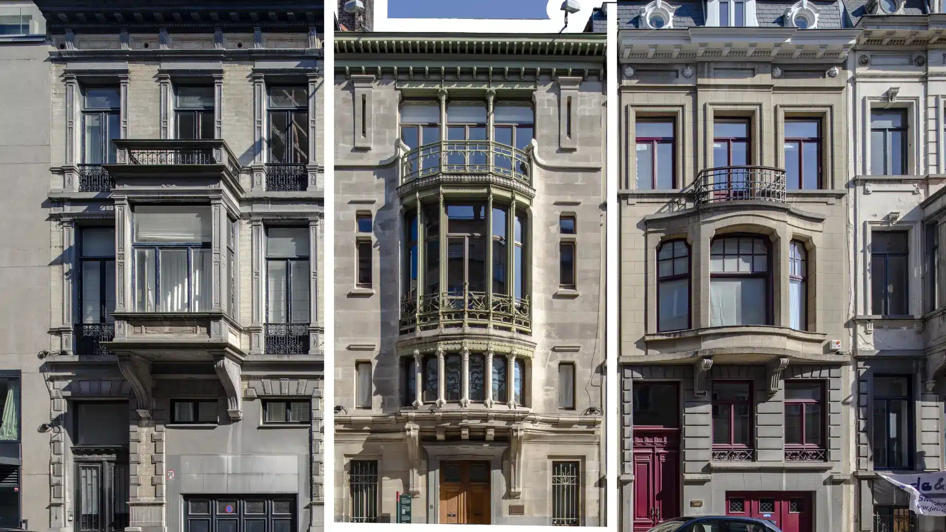 victor horta’s hôtel tassel in brussels shows a stone facade with fluid ironwork and curved bay windows on the exterior