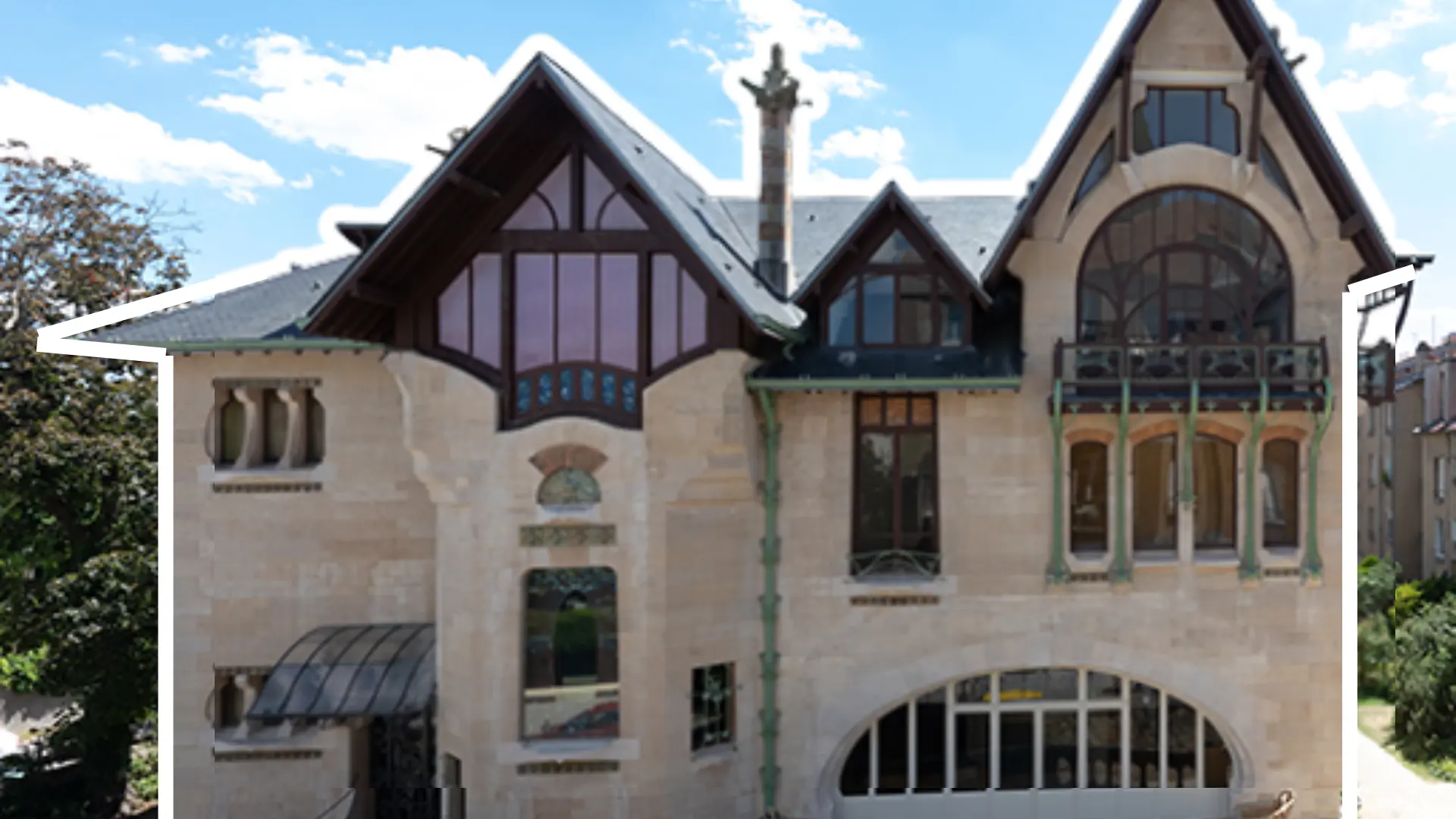 villa majorelle nancy france displays the arched wooden windows and decorative ironwork on the yellow brick walls