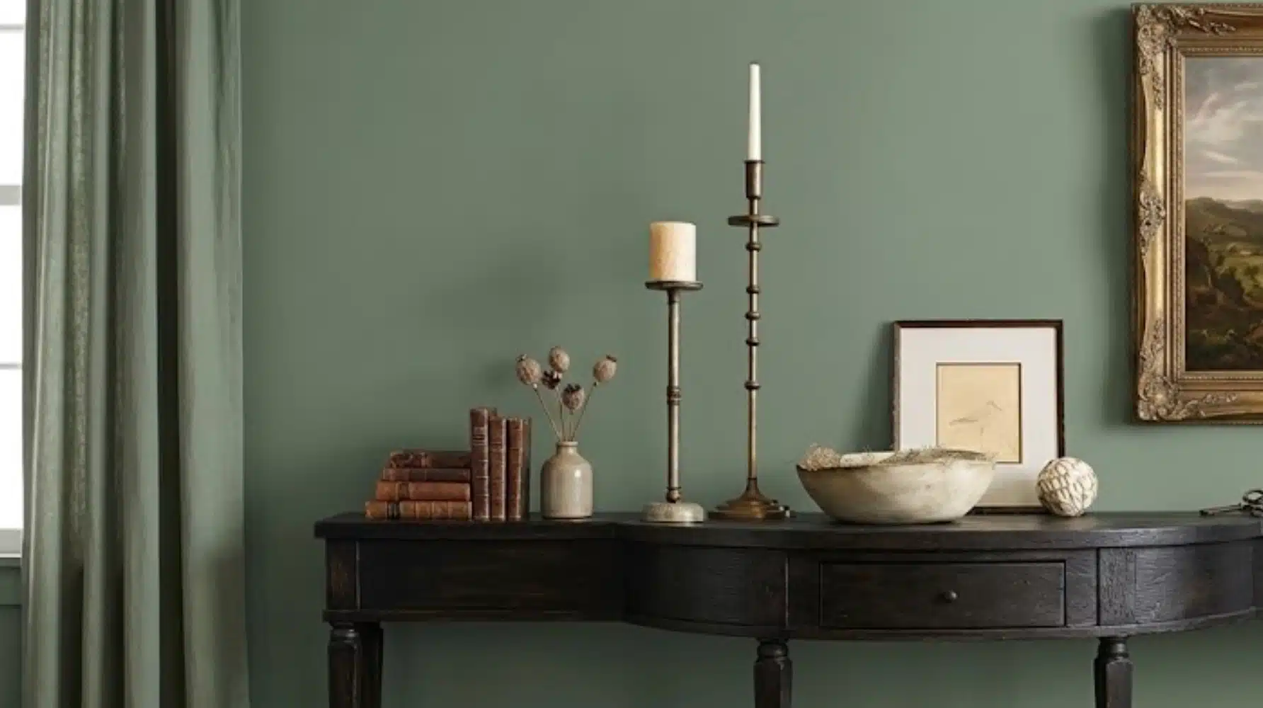 vintage table with candles, stacked books, ceramic bowl, framed art, and dried flowers against green wall beside curtain
