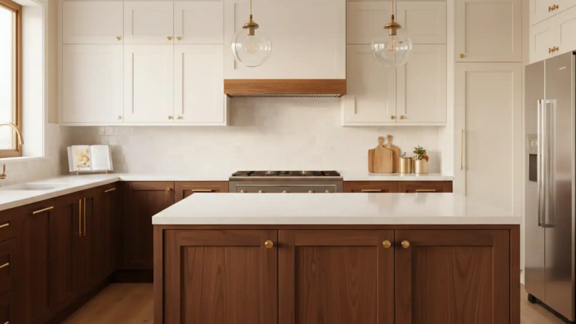 warm wood and cream kitchen featuring a walnut island, white quartz countertops, and elegant gold accents