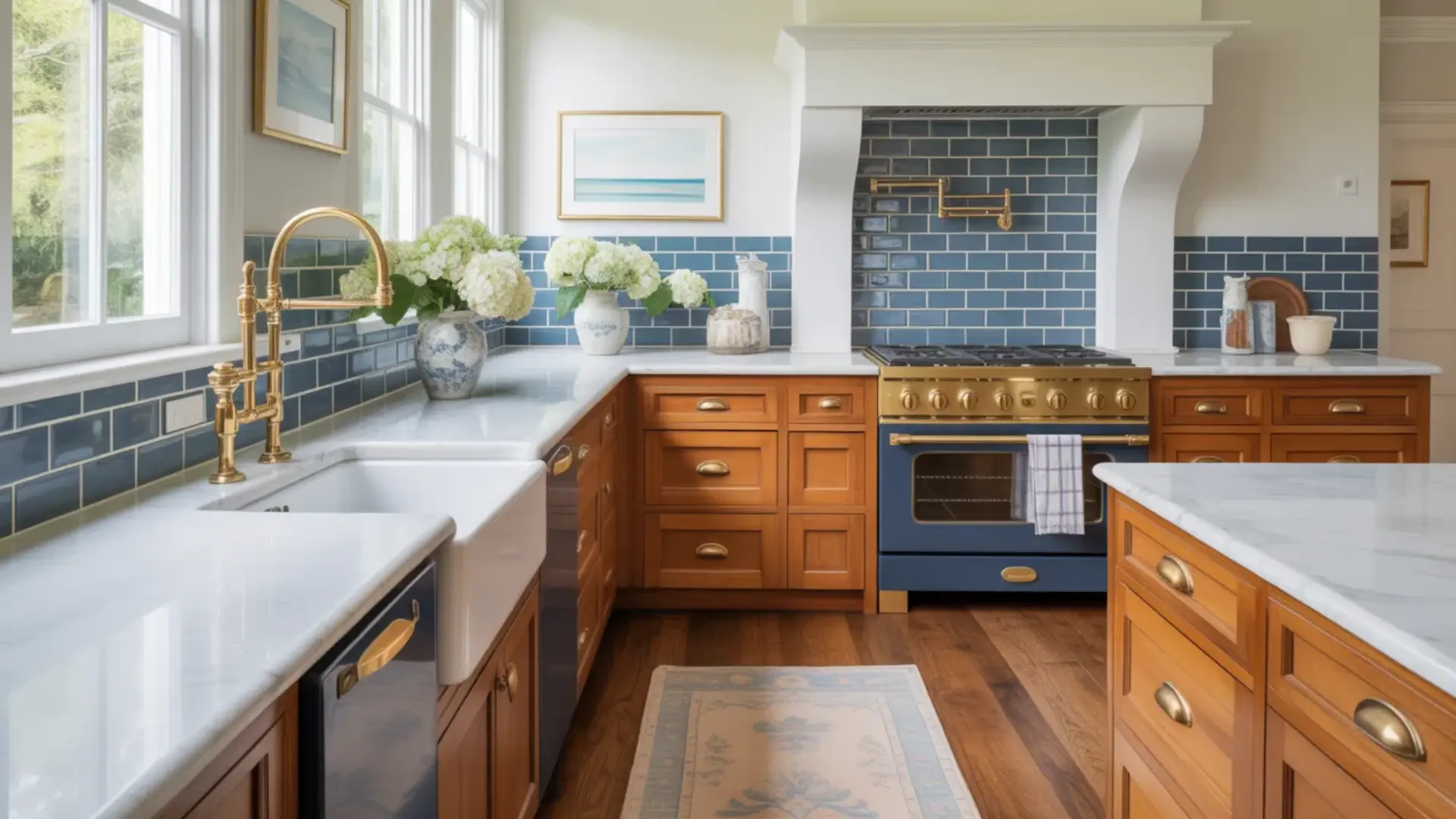 warm wood kitchen with brass accents and a blue stove featuring classic oak kitchen cabinets and white marble counters