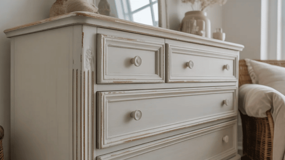 white chalk-painted dresser with smooth matte finish and lightly distressed edges in a bright, cozy room