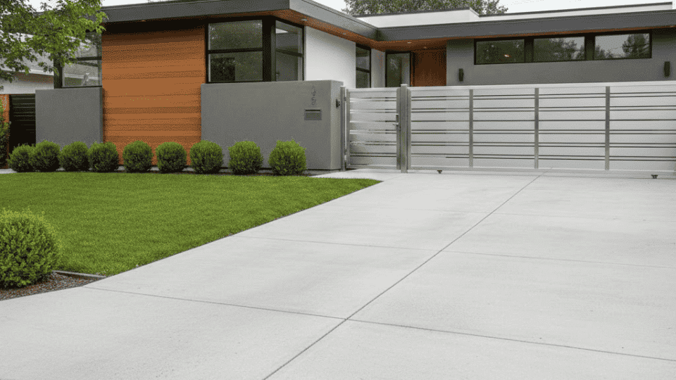 wide entry driveway with statement metal gate in front of modern contemporary home