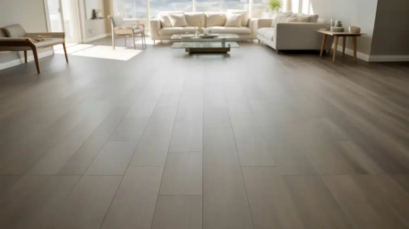 wide living room with light gray vinyl plank flooring installed lengthwise, large windows, and a neutral sofa