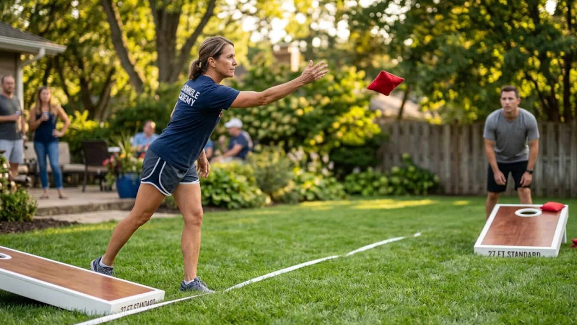 woman in athletic wear throws a red bean bag at a cornhole board in a lush green backyard