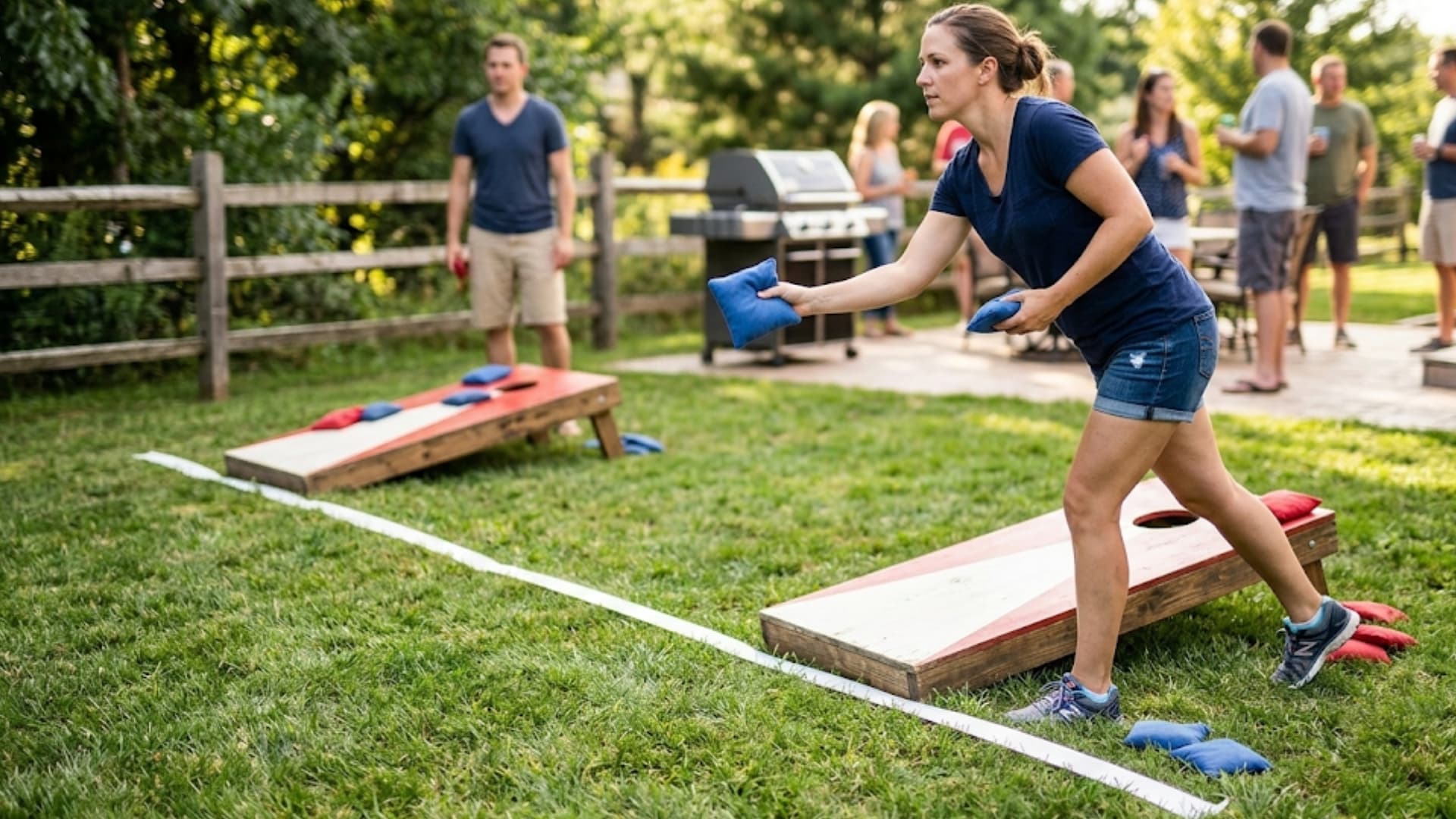 woman tosses a blue bean bag at a cornhole board behind a clear white tape throwing line on grass