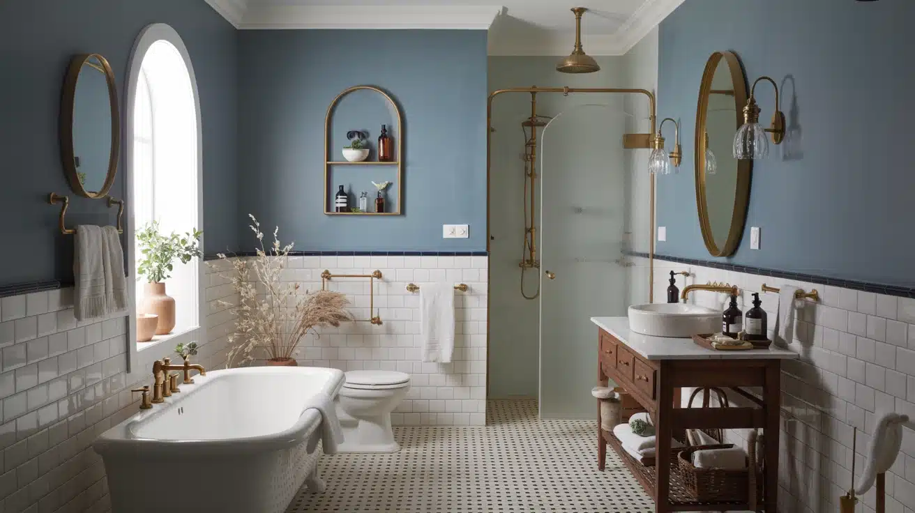 a bathroom with muted blue walls, white tile, and brass accents, evoking a tranquil spa atmosphere
