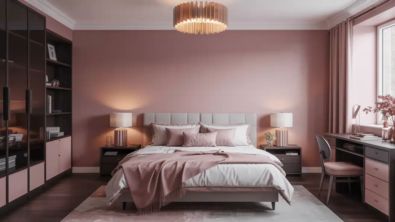 a bedroom with dusty pink walls, dark wood furniture, and soft metallic accents for a refined, elegant space