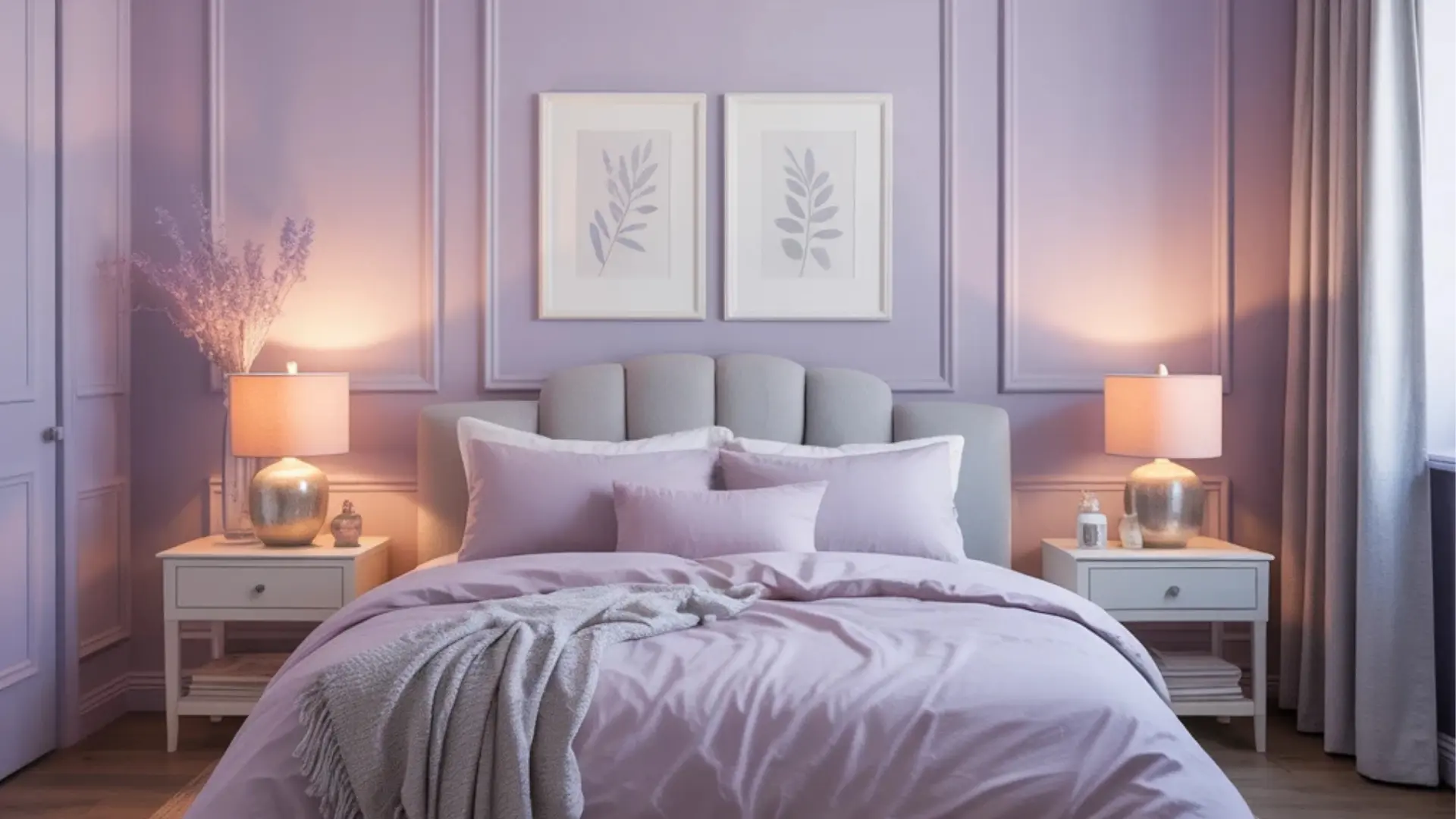 a bedroom with pale lavender walls, gray upholstered bed, soft bedding, and warm lamp lighting for a restful feel
