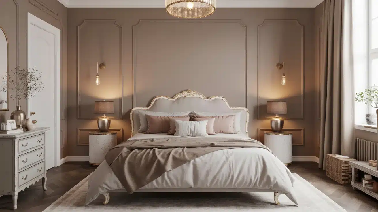 a bedroom with soft taupe walls, blending antique and modern furniture for a refined, cozy look