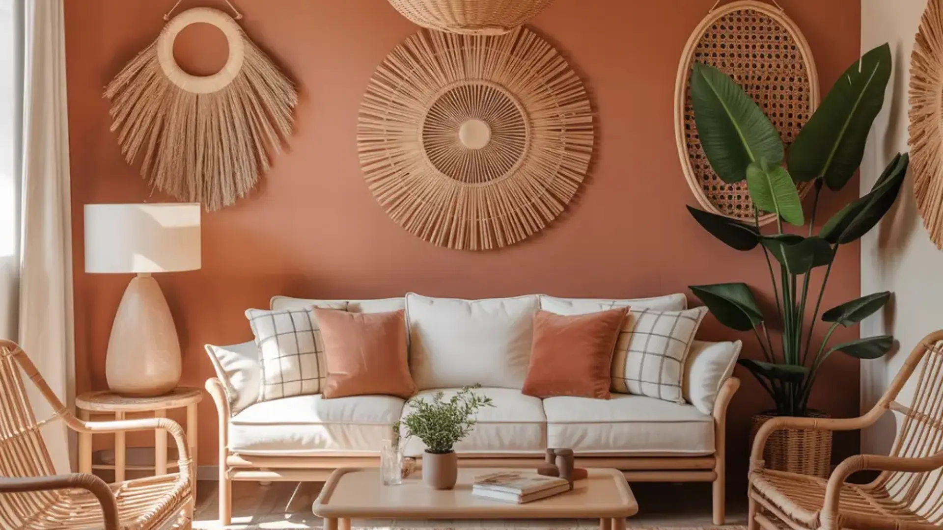 a boho living room with terracotta accent wall, rattan furniture, woven wall decor, and terracotta cushions