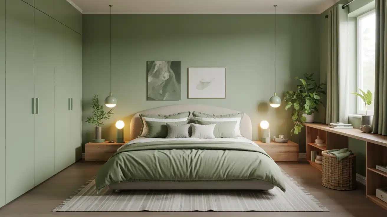 a calming sage green bedroom with wooden accents and soft lighting for a peaceful, serene space