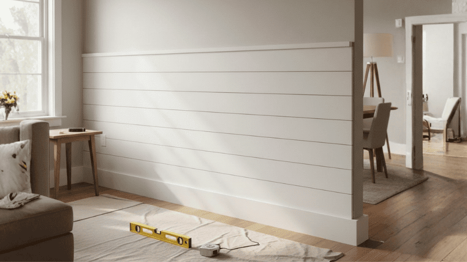 A completed shiplap half wall with clean white boards, trim, and a level nearby, showcasing a cozy, well-lit room