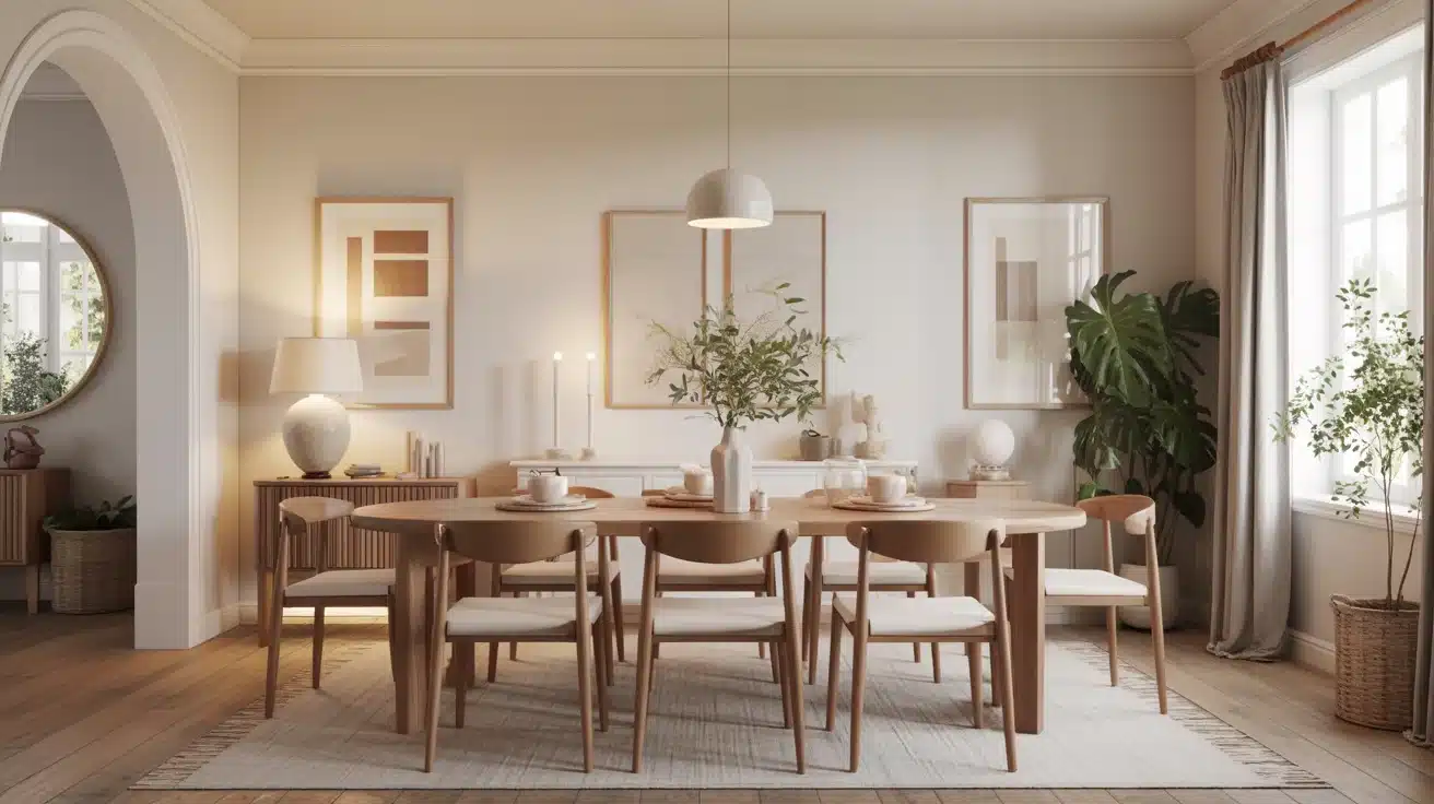 a dining room with warm off-white walls and neutral decor, providing a cozy and inviting atmosphere