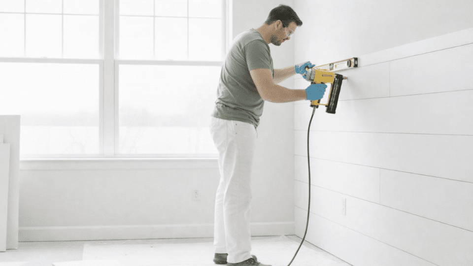 a handyman installs white shiplap boards on a wall using a yellow brad nailer ensuring precision with a level