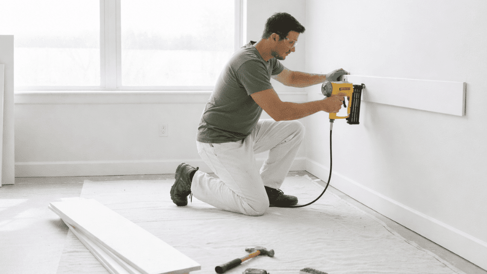 a handyman kneels while installing the first white shiplap board on a clean, empty wall
