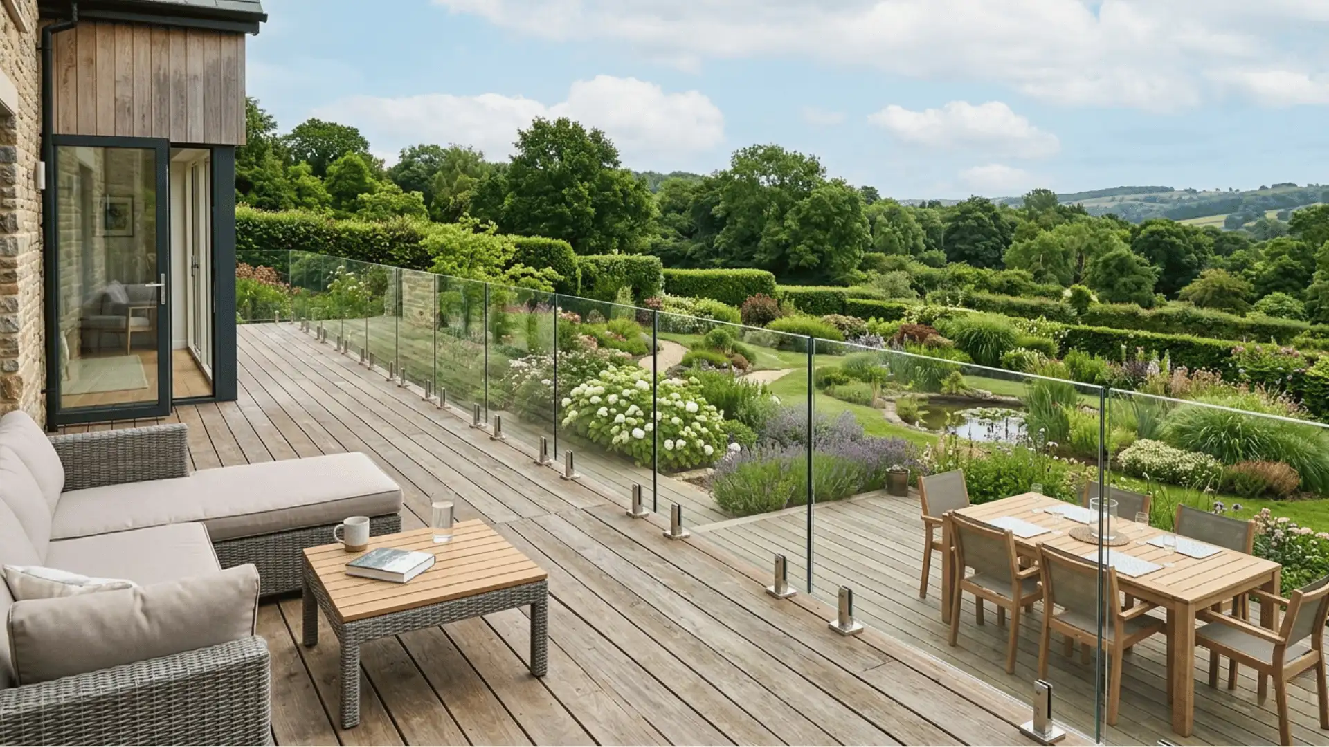 a high quality picture deck with transparent glass railings with a full green view