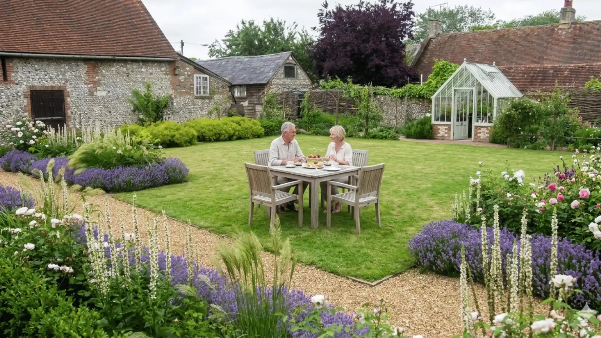 a high quality picture of deck with lavender hedge surround with a couple enjoying there personal time