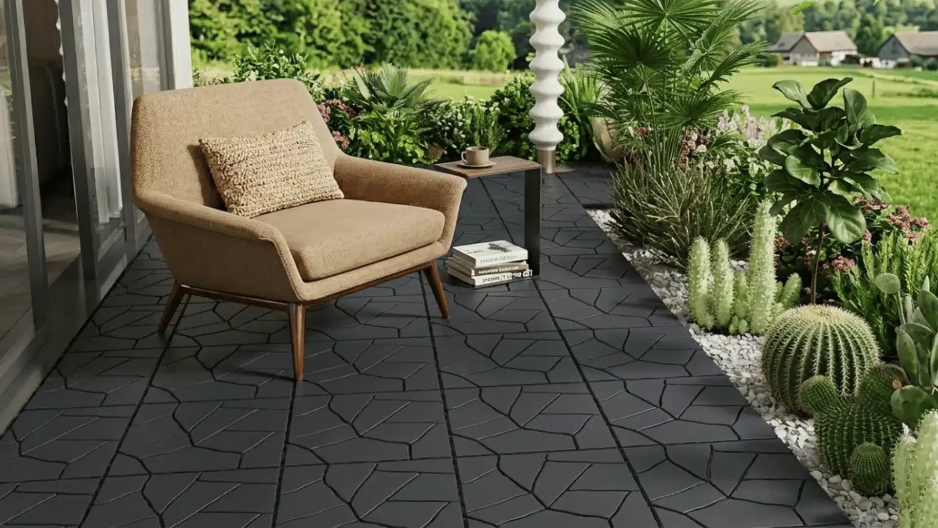a high quality picture of out door deck with a single sofa and plants in it