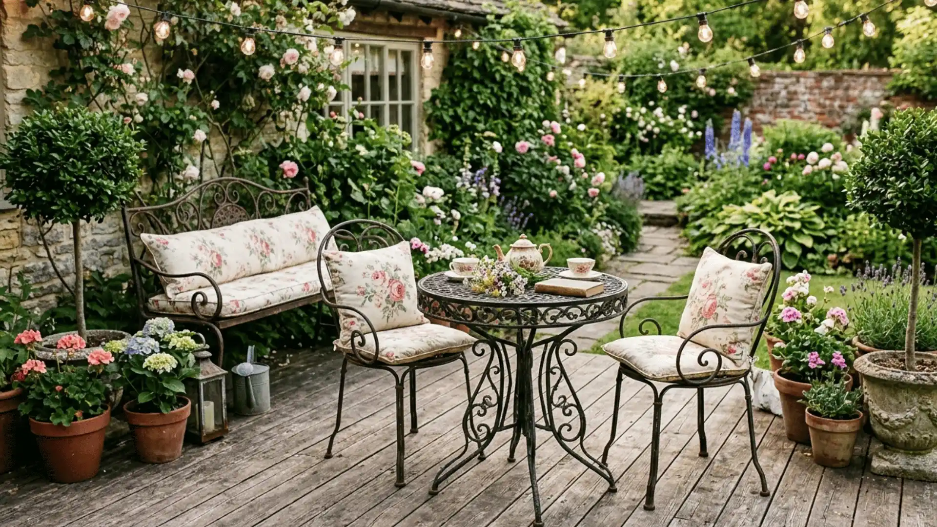 a high quality picture of out door deck with a vintage garden furniture