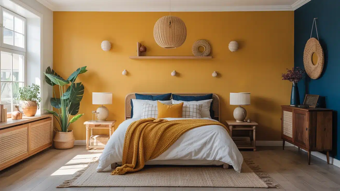 A living room with a golden mustard accent wall and navy blue furniture, creating a vibrant and energetic space