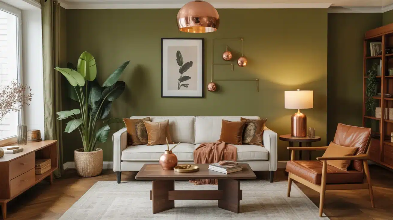 a living room with olive green walls, wooden furniture, and copper decor, creating a grounded, inviting environment