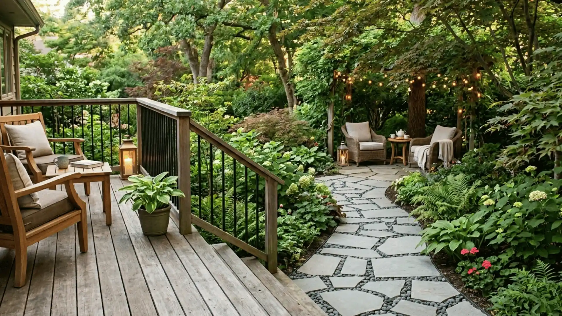 a modern garden landscape design featuring a wooden deck path running along the right side of the image